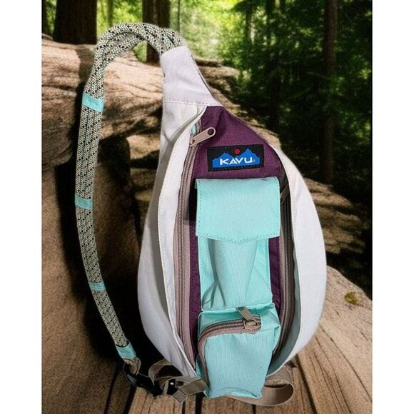 Kavu Rope Sling Bag Canvas Outdoor Crossbody Purse Backpack Travel Purple Green - Picture 1 of 13